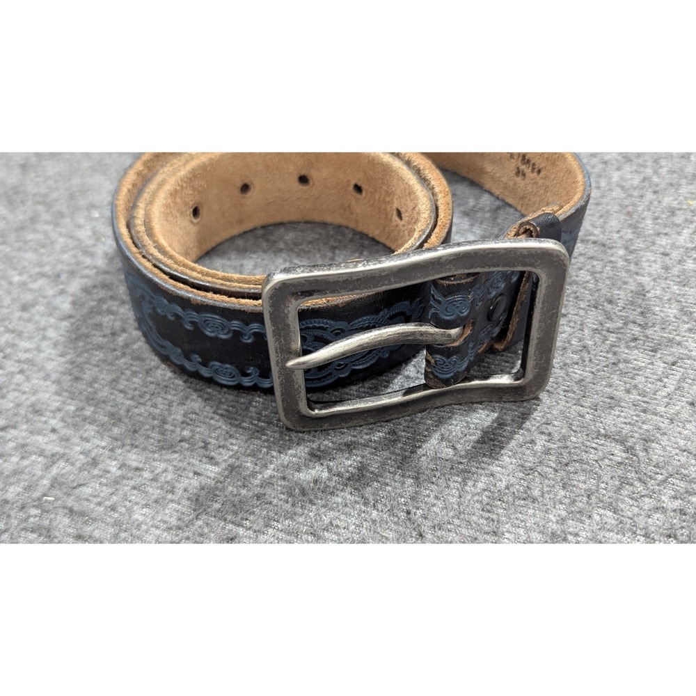 VTG Leather Island Belt 36 Brown Blue Etched Western Bill Lavin Silver Buckle
